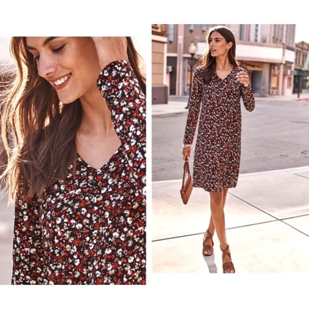J Jill Large Boho Long Sleeve Dress Women's Dark Micro Floral Casual Easy